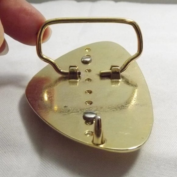 Striated Faux Stone in a Gold Tone Brassy Metal Triangular Belt Buckle - Picture 6 of 8